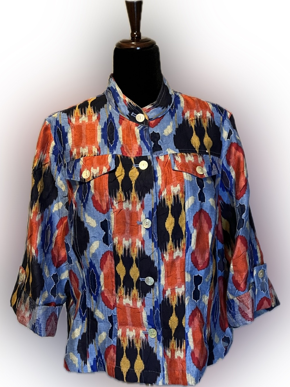Ruby Rd Multicolor Ikat-Print Button-Front Shirt Jacket size 16